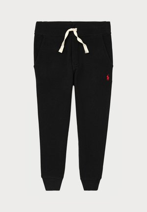 Melni kokvilnas joggeri ar elastīgu jostu un krēmkrāsas auklu. Satur sānu kabatas un mazu sarkanu logo uz kreisā augšstilba.