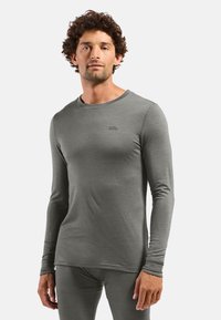 Long-sleeve gray top made of soft fabric, featuring a round neck and snug fit, with a subtle logo on the chest.