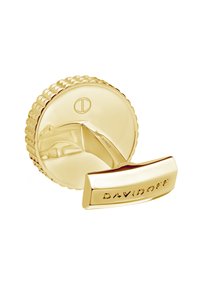 Goldfarbener Duftflaschenverschluss mit einem strukturierten, gerippten Design und einer flachen Oberseite, die das "DAVIDOFF"-Logo in einer eleganten Schriftart zeigt.