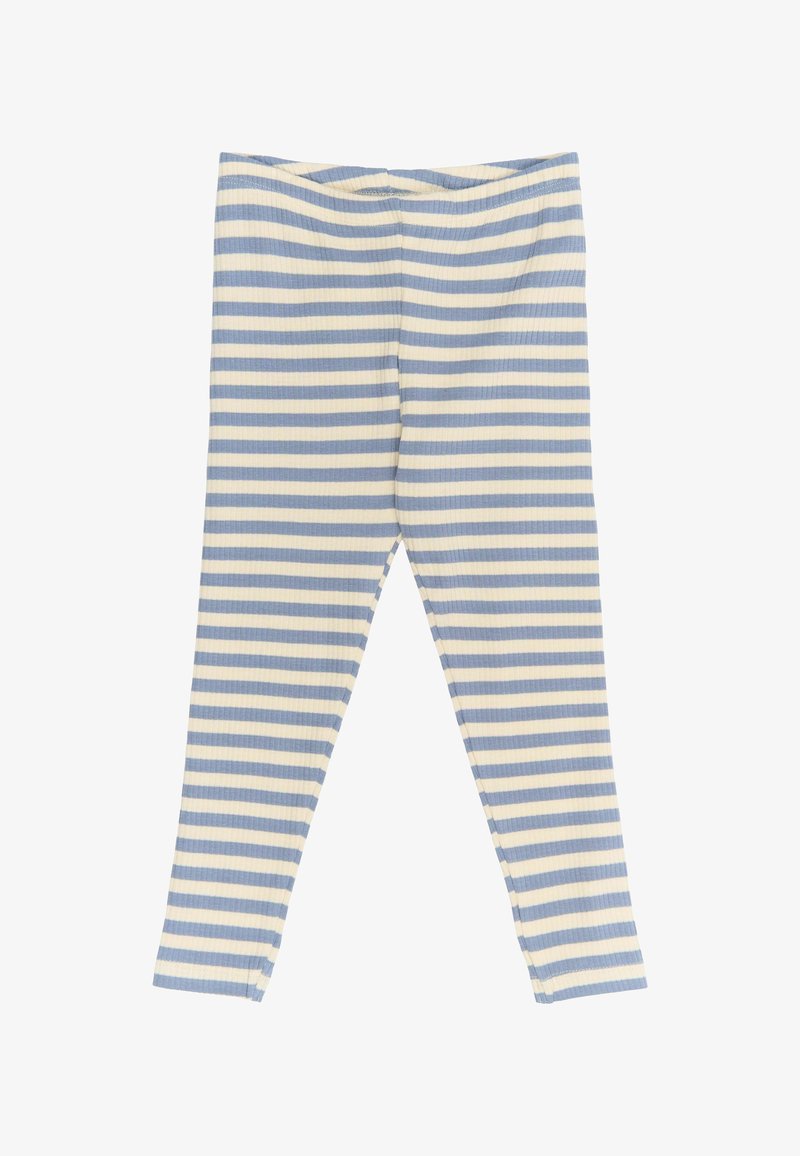 Leggings rayati dintr-un material ribbed, în nuanțe de albastru deschis și crem. Au un talie elastică și picioare conice cu o textură netedă.