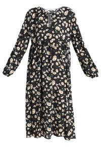Robe noire à manches longues avec un motif floral blanc et des accents verts. Elle présente une taille froncée et un décolleté en trou de serrure avec un détail de lien.