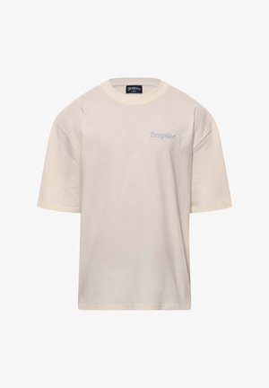 Kremowa bawełniana koszulka o luźnym kroju, z krótkim rękawem i haftem "Dropsize" w jasnoniebieskim kolorze na klatce piersiowej.