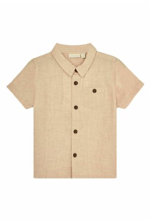Chemise à col à manches courtes en tissu beige clair avec une finition texturée, dotée d'une poche poitrine et de boutons marron foncé.