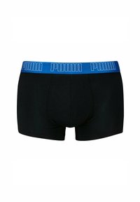 Boxer in cotone neri con un elastico azzurro in vita che presenta il marchio "PUMA" in bianco. Tessuto morbido con un design aderente e cuciture a contrasto.
