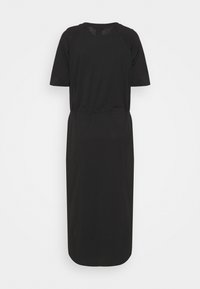 Robe midi noire à manches courtes, col rond et taille cintrée, vue de dos sur un fond blanc uni.