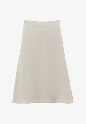 A-Linien-Rock aus hellbeigem Satin mit glatter Textur, einem taillierten Bund und einem fließenden Schnitt mit knie-langer Länge.