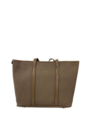 Borsa tote marrone di design con manici lunghi color cuoio e delicato motivo a rilievo con logo, con un piccolo emblema dorato del brand al centro anteriore.