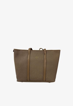 Borsa tote marrone di design con manici lunghi color cuoio e delicato motivo a rilievo con logo, con un piccolo emblema dorato del brand al centro anteriore.