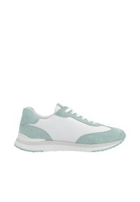 Baskets avec un corps en cuir blanc et des accents en daim turquoise clair. Présentent des lacets ronds, une texture lisse et un design minimaliste.