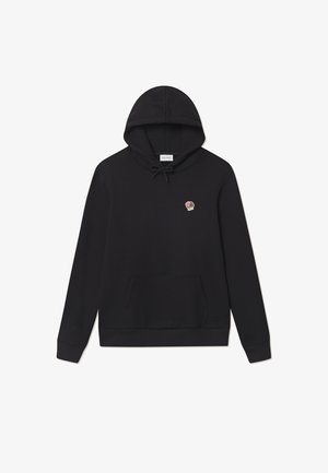 Black hoodie made of soft fabric featuring a front pouch pocket, drawstring hood, and embroidered floral logo on the left chest.