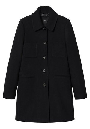Manteau long en laine noire à manches longues avec des boutons sur le devant, deux poches poitrine avec rabats et un col classique.