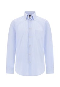 Jasnoniebieska koszula z długim rękawem, z kieszonką na lewym cycu oraz subtelnym wzorem w kratkę. Wykonana z bawełny, z klasycznym kołnierzykiem.