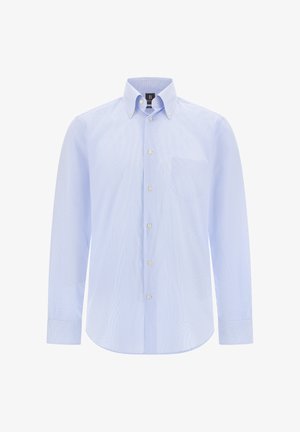 Světle modrá košile s dlouhými rukávy, kapsou na levé části hrudníku a jemným kostkovaným vzorem. Vyrobena z bavlny, s klasickým límečkem.