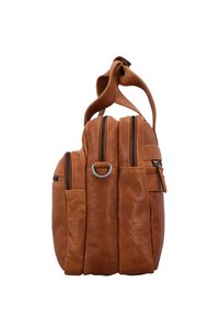 Borsa in pelle color tan a forma rettangolare, dotata di più scomparti con cerniera, una texture morbida e una maniglia annodata.