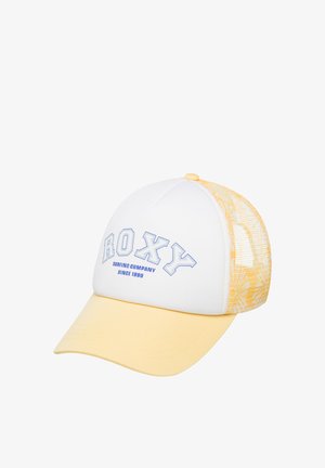 Gorra blanca con visera amarilla y parte trasera de malla. Presenta el logo "ROXY" en azul y un patrón floral en los laterales. Cierre ajustable de broche.