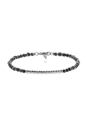 Bracciale con chiusura a molla in argento con perle rotonde scure alternate a perle in argento testurizzato, caratterizzato da un elemento centrale in argento intrecciato.