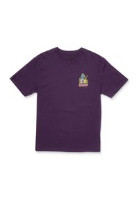 Lila Baumwoll-T-Shirt mit einem kleinen gestickten Grafik eines Katers auf einem Fernseher, mit "VOLCOM"-Text in leuchtenden Farben.