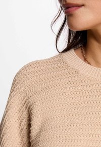 Maglione beige lavorato a maglia con scollatura rotonda, motivo a zigzag testurizzato e polsini a costine, caratterizzato da una sottile lucentezza nel materiale.
