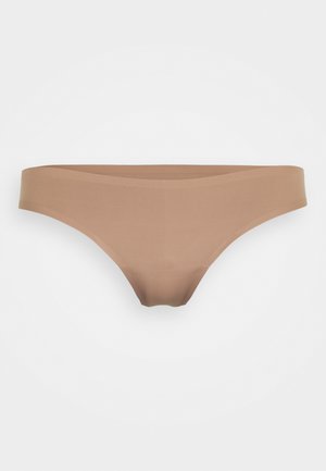 Light brown bikini brief made of soft, smooth fabric. Features minimalistic design with a seamless waistband and no visible patterns.
