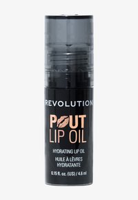 Transparent svart, sylinderformet flaske merket "Revolution POUT Lip Oil." Har en pumpe topp. Volum: 0,15 fl. oz. (4,6 ml).