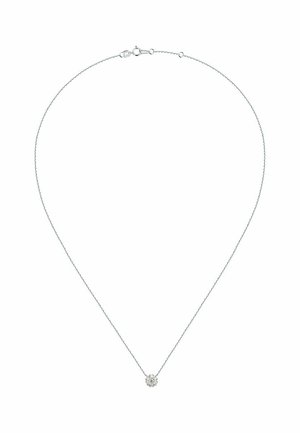 Silberne Kettenhalskette mit einem kleinen, runden Anhänger, der einen klaren Edelstein enthält. Glatte Oberfläche mit einem Karabinerverschluss.