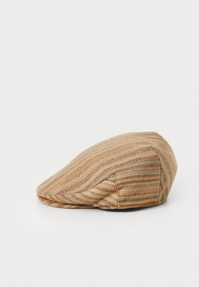 Brun ternet flad cap, der har et blødt stof med en struktureret overflade, rund form og en syet skygge for struktur.