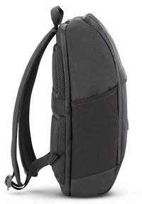 Zaino grigio con design imbottito, pannello laterale in rete, spallacci regolabili, forma elegante e scomparti con zip per una conservazione sicura.