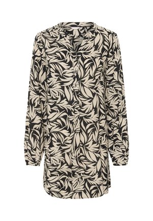 Fekete és krém színű, hosszú ujjú blúz levélmintás dizájnnal, galléros nyakkivágással és gomb részletekkel elöl. Simaszövet.