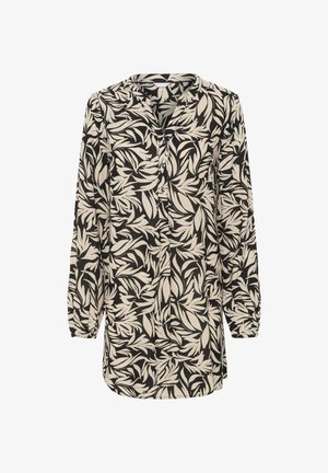 Fekete és krém színű, hosszú ujjú blúz levélmintás dizájnnal, galléros nyakkivágással és gomb részletekkel elöl. Simaszövet.