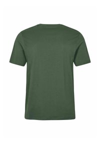 Preprosta kratka bombažna majica olivno zelene barve, prikazana od zadaj, z okroglim izrezom in običajnim krojem.