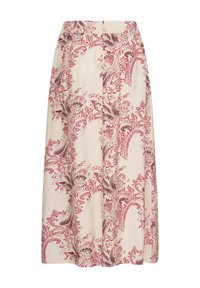 Jupe midi crème avec un motif cachemire rouge et gris, taille élastique et tissu fluide.