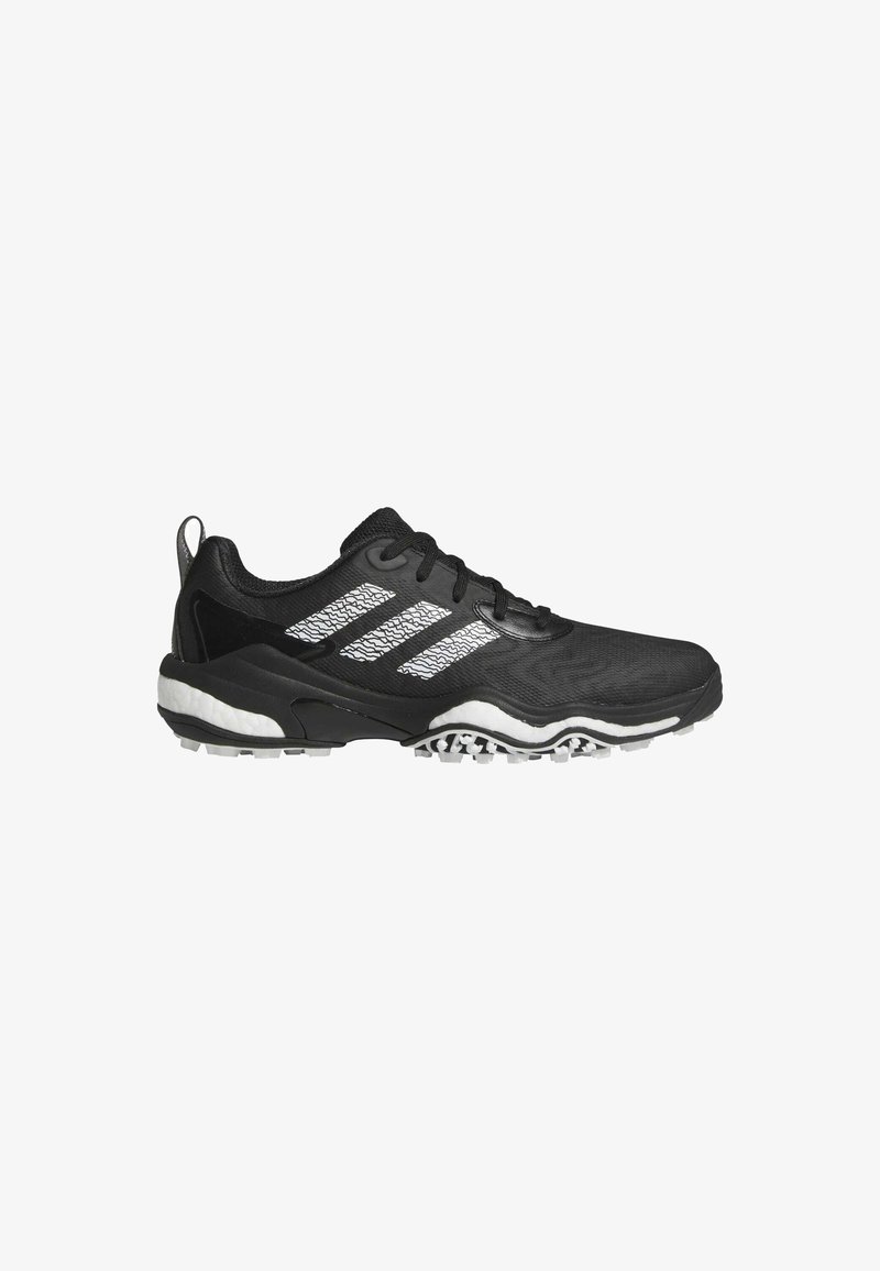 Black athletic shoe with textured upper, featuring three white stripes. Distinctive sole with white accents and patterned tread for grip.