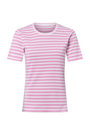 T-shirt z krótkim rękawem i okrągłym dekoltem, w poziome paski różowe i białe, prezentowana na białym tle.