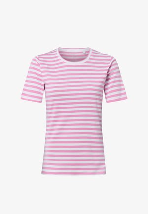 T-shirt z krótkim rękawem i okrągłym dekoltem, w poziome paski różowe i białe, prezentowana na białym tle.