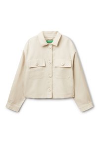 Zkrácená béžová bunda s límcem, předními knoflíky a dvěma náprsními kapsami. Vyrobena z hladkého materiálu s minimalistickým designem.