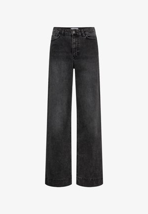 Jean en denim noir à jambes larges, taille haute, avec bouton à l'avant, fermeture éclair, poches avant et arrière, présenté sur un fond blanc.