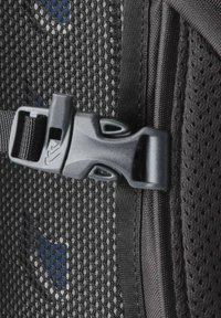 Black mesh fabric with a textured surface, featuring a plastic buckle and zipper. Blue and white geometric accents visible.