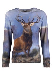 Sudadera de manga larga con un gran gráfico de ciervo sobre un fondo azul. Fabricada con un tejido suave, cuenta con puños y cuello acanalados.