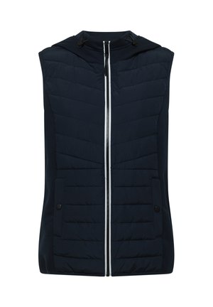 Gilet matelassé sans manches bleu marine avec fermeture éclair frontale, deux poches à bouton-pression et cordons de capuche réglables.