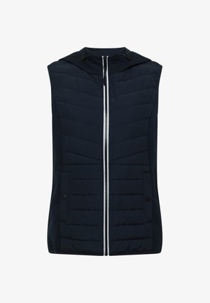 Chaleco acolchado azul marino sin mangas con cremallera frontal, dos bolsillos con broche de presión y cordones ajustables en la capucha.