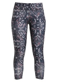 Legginsy w wzory z ciemnonawowym tłem i geometrycznymi szaro-czerwonymi wzorami. Wykonane z elastycznego materiału, zaprojektowane z myślą o komforcie i swobodzie ruchów.