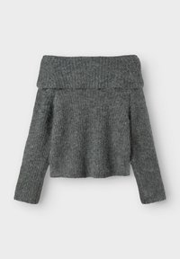 Mörkgrå stickad off-shoulder tröja med långa ärmar och en bred vikbar halsringning, uppvisad mot en enkel bakgrund.