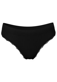 Sous-vêtements bikini en mélange de coton noir côtelé, avec une large ceinture et une bordure en dentelle le long des ouvertures des jambes, présentant un design sans coutures.
