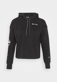 Sudadera corta negra de algodón con capucha ajustable. Presenta el logo blanco de Champion en el pecho y en la manga izquierda.