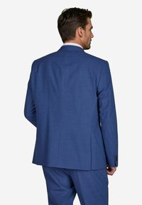 Herrenanzugjacke aus tiefblauem Stoff, mit strukturiertem Muster, tailliertem Schnitt, zwei Rückenschlitzen und geknöpften Manschetten.