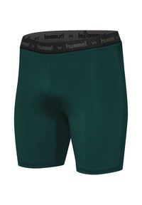 Shorts de compression en tissu vert foncé, dotés d'une ceinture élastique noire avec le logo "hummel", texture lisse et design ajusté.