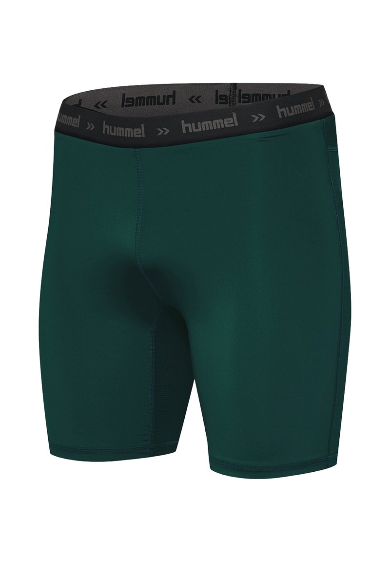 Shorts de compression en tissu vert foncé, dotés d'une ceinture élastique noire avec le logo "hummel", texture lisse et design ajusté.