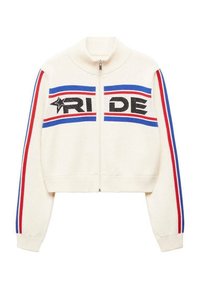 Zkrácený svetr na zip v krémové barvě, s černým potiskem "RIDE", modrými a červenými proužky na rukávech a vroubkovaným límcem a manžetami.