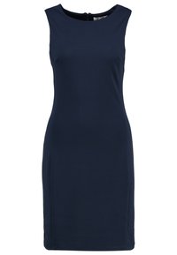 Ärmlös, mörkblå knälång klänning med rund halsringning och figurnära silhuett.