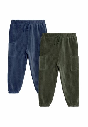 Pantaloni in corduroy di colore blu scuro e verde scuro, con texture a coste, vita elastica e tasche laterali.